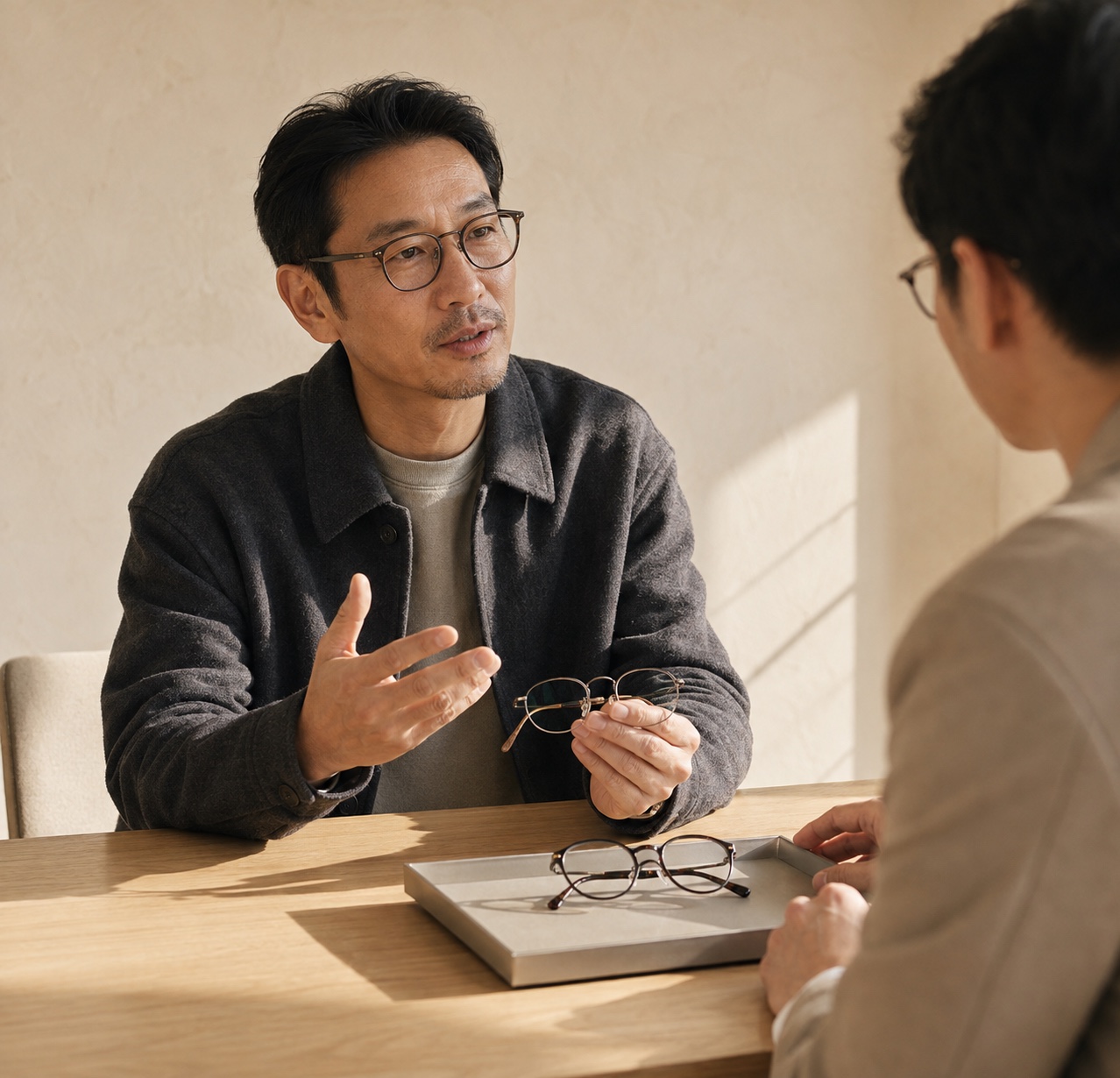 顾客与工作人员交流镜架选择的示意场景
